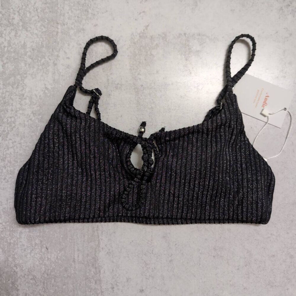 NWT Andie Waikiki Top Black Ribbed Tie-Front Detail Bralette Bikini Top Size XS